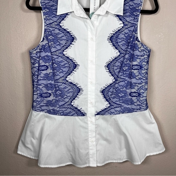NEW PIXLEY MEDIUM BUTTON FRONT TOP WHITE BLUE LACE SLEEVELESS COTTON PEPLUM - Picture 2 of 11